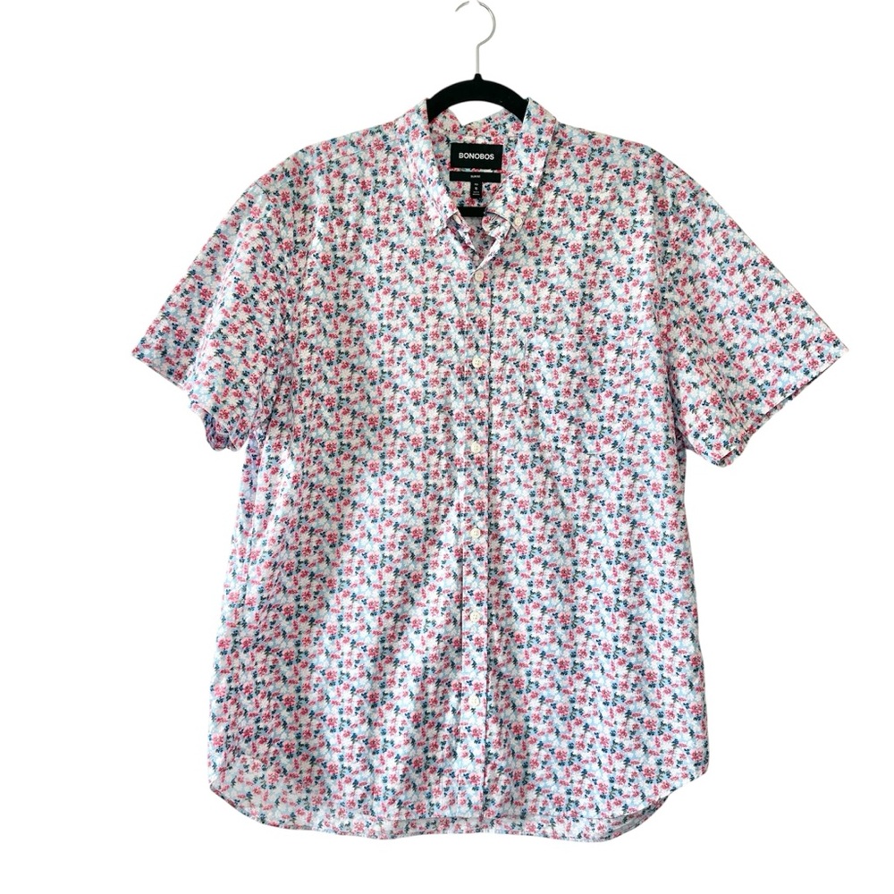 Bonobos Men's Light Blue & Pink Casual Floral Slim Fit Button Down Shirt-Size XL